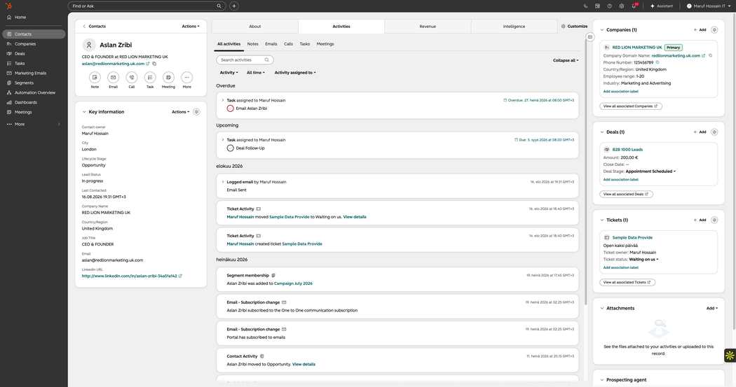 Contact activities timeline